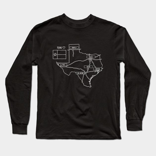 Texas State Map Black Outlines Long Sleeve T-Shirt by azziella